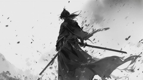 水墨国风武侠插画素材-黑白写实风剑客4k壁纸